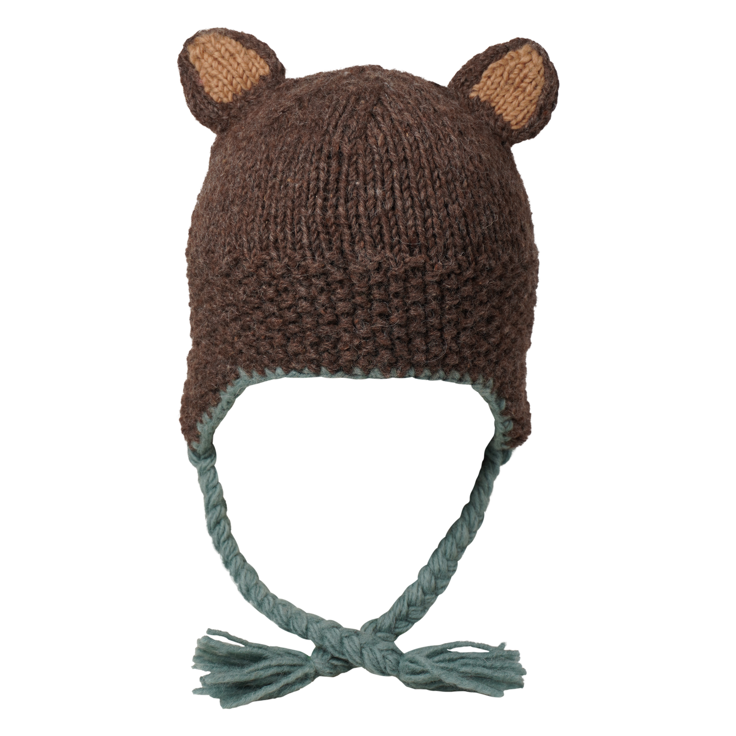Ambler Forest handknit kids' toque in bear with knitted bear ears and coloured tassels. 