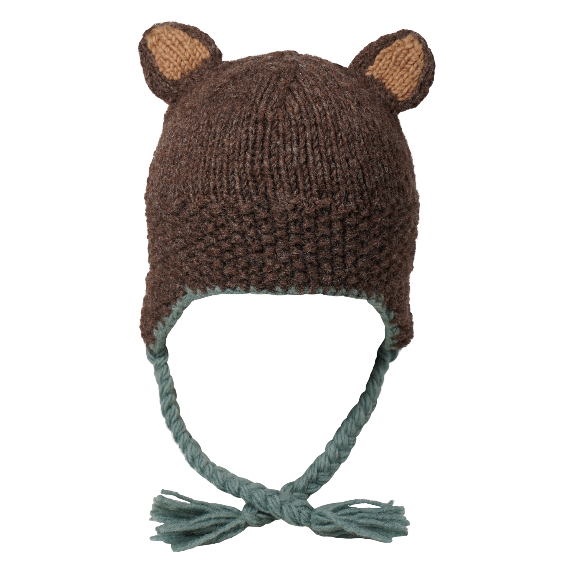 Ambler Forest handknit kids' toque in bear with knitted bear ears and coloured tassels. 