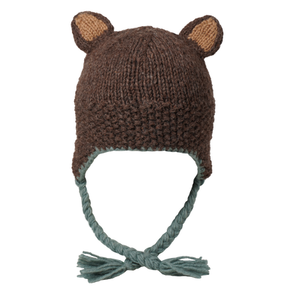 Ambler Forest handknit kids' toque in bear with knitted bear ears and coloured tassels. 
