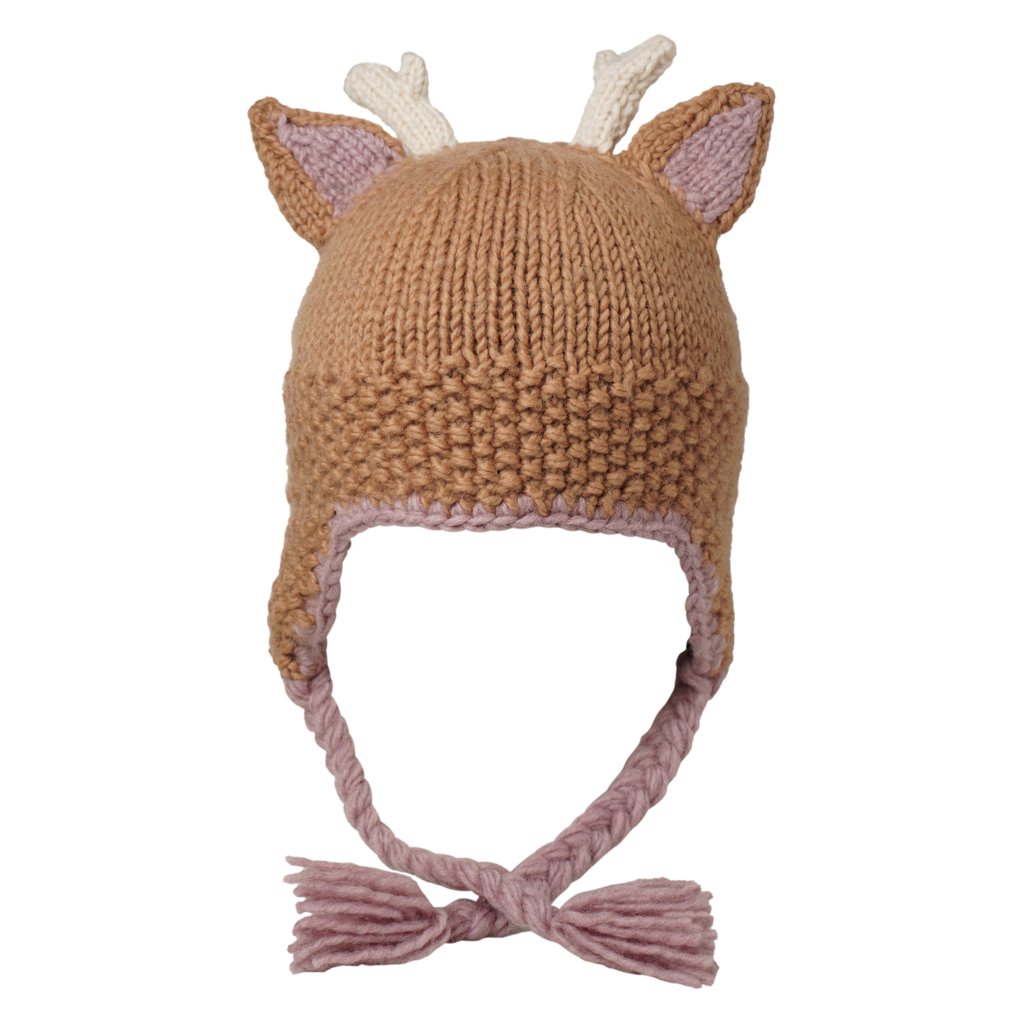 Ambler Forest handknit kids' toque in deer with knitted deer ears and coloured tassels. 