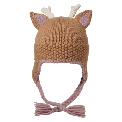 Ambler Forest handknit kids' toque in deer with knitted deer ears and coloured tassels. 