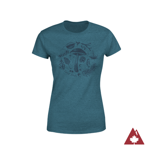 Blue t-shirt with a mushroom design. 