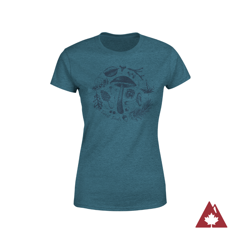 Blue t-shirt with a mushroom design. 
