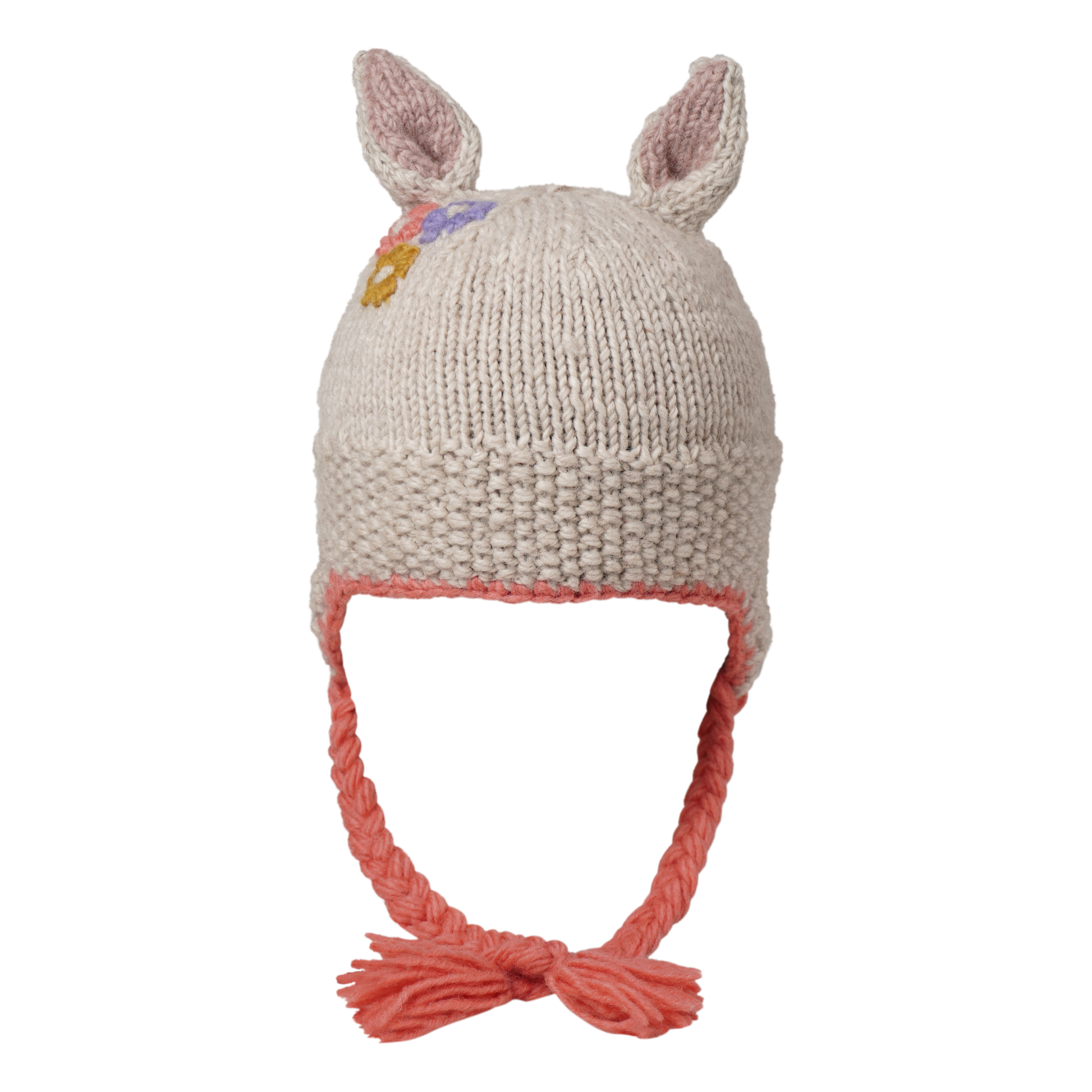 Ambler Forest handknit kids' toque in rabbit with knitted rabbit ears and coloured tassels. 