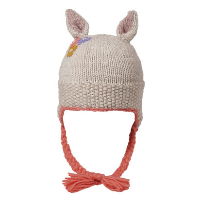 Ambler Forest handknit kids' toque in rabbit with knitted rabbit ears and coloured tassels. 