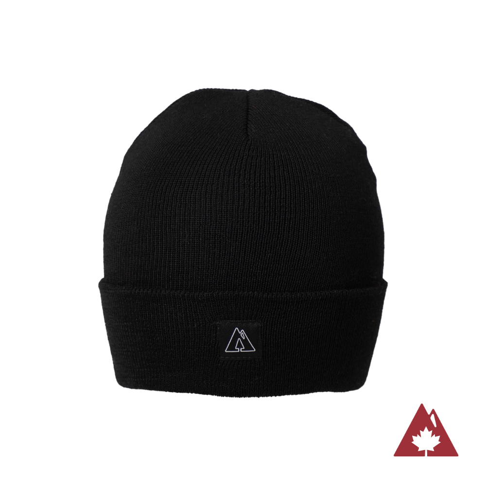 Made in Canada Ambler Frank machine knit toque in black with Ambler logo patch. 