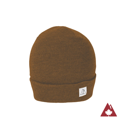 Made in Canada Ambler Frank machine knit toque in caramel with Ambler logo patch. 