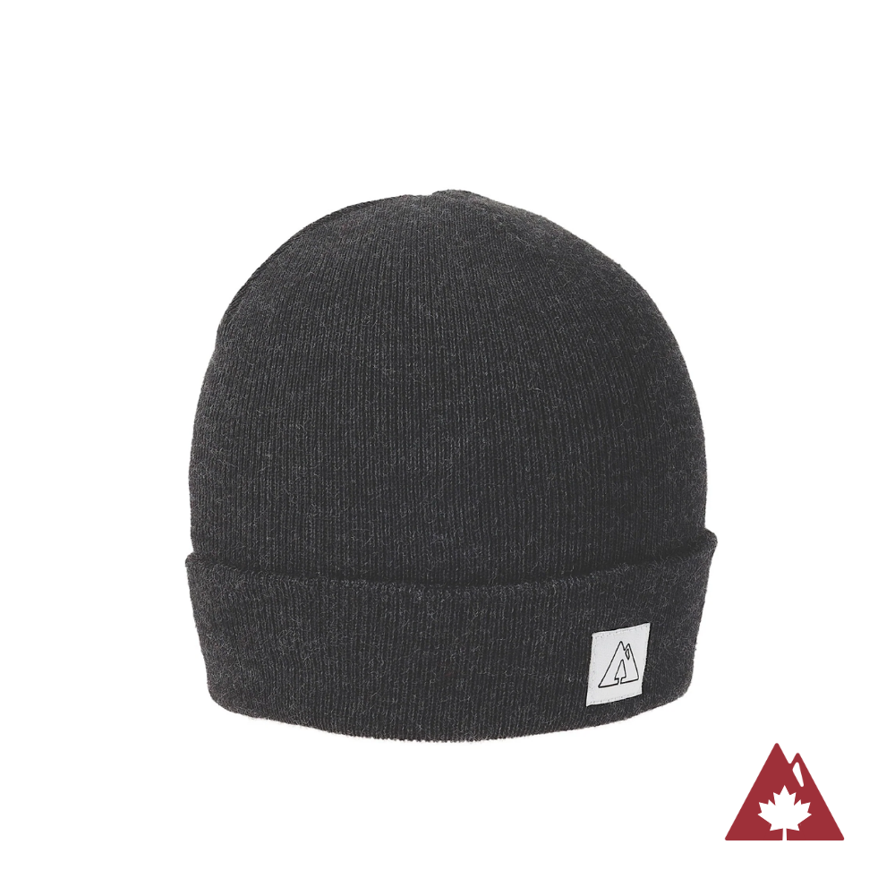 Made in Canada Ambler Frank machine knit toque in heather charcoal with Ambler logo patch. 