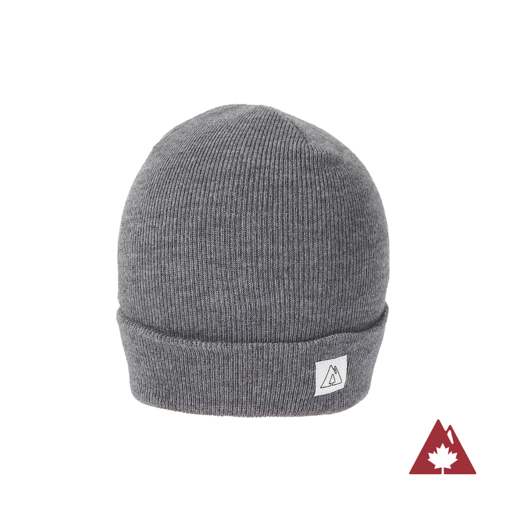 Made in Canada Ambler Frank machine knit toque in heather grey with Ambler logo patch. 