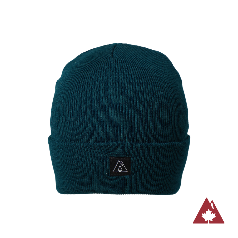 Made in Canada Ambler Frank machine knit toque in pine with Ambler logo patch. 