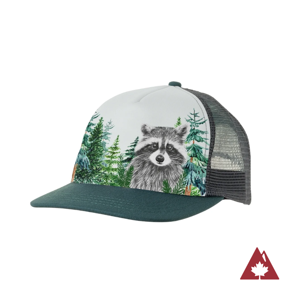 Green toddler cap with a green brim, grey back and a raccoon and forest pattern on front panel. 