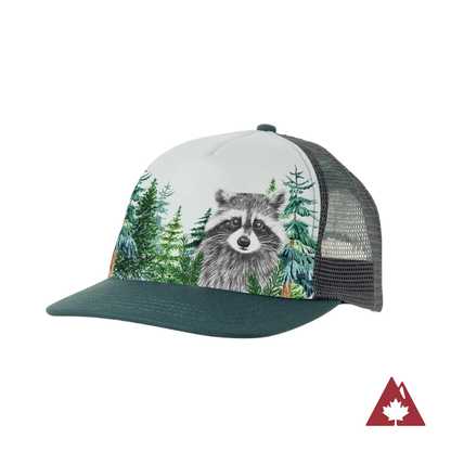 Green toddler cap with a green brim, grey back and a raccoon and forest pattern on front panel. 