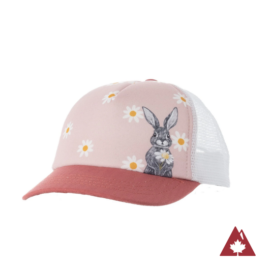 Pink toddler cap with a pink brim, white back and a rabbit and flower pattern on front panel. 