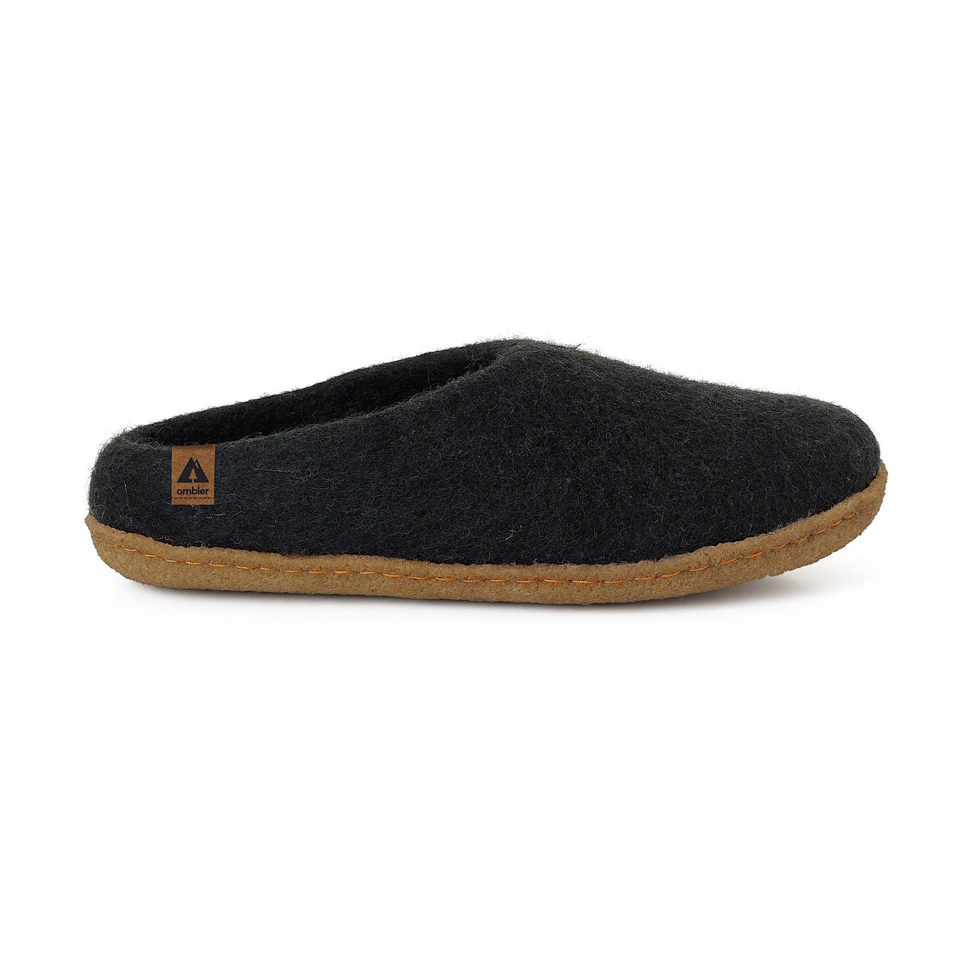 Ambler Halcyon wool slippers in black with natural rubber sole for both indoor and outdoor use. 