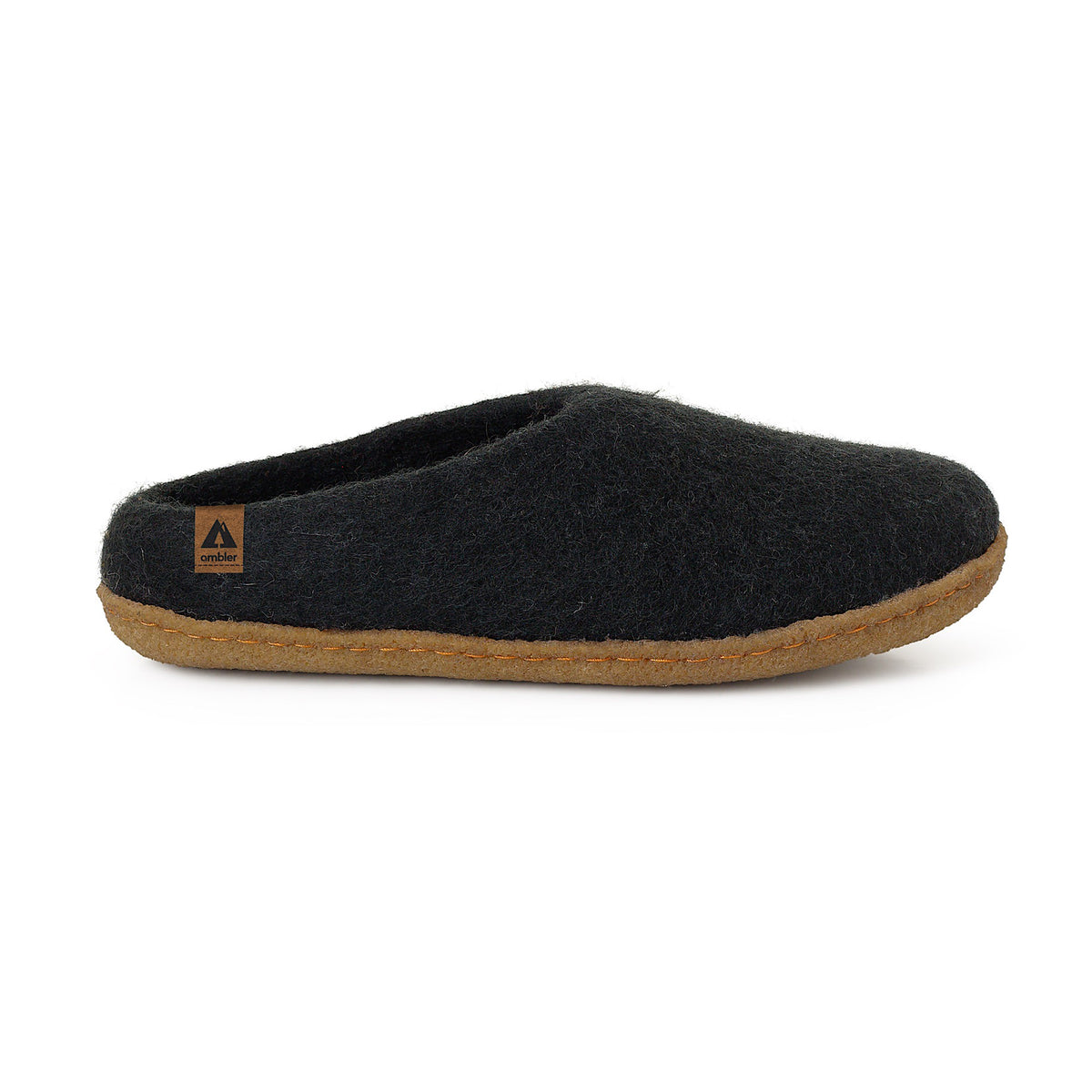Ambler Halcyon wool slippers in black with natural rubber sole for both indoor and outdoor use. 