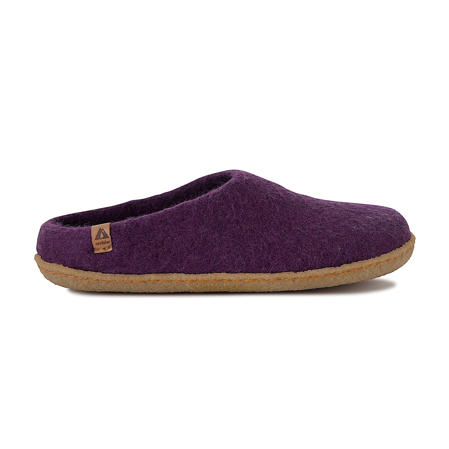 Ambler Halcyon wool slippers in elderberry with natural rubber sole for both indoor and outdoor use. 