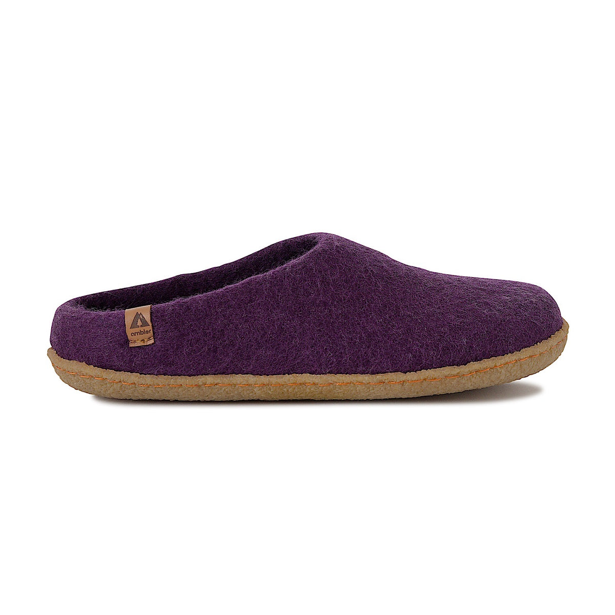 Ambler Halcyon wool slippers in elderberry with natural rubber sole for both indoor and outdoor use. 