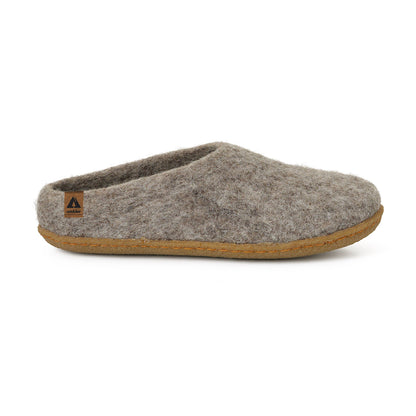 Ambler Halcyon wool slippers in heather grey with natural rubber sole for both indoor and outdoor use. 