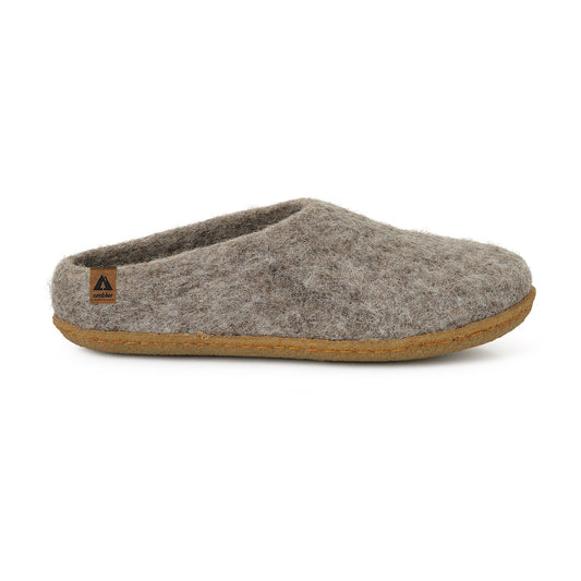 Ambler Halcyon wool slippers in heather grey with natural rubber sole for both indoor and outdoor use. 