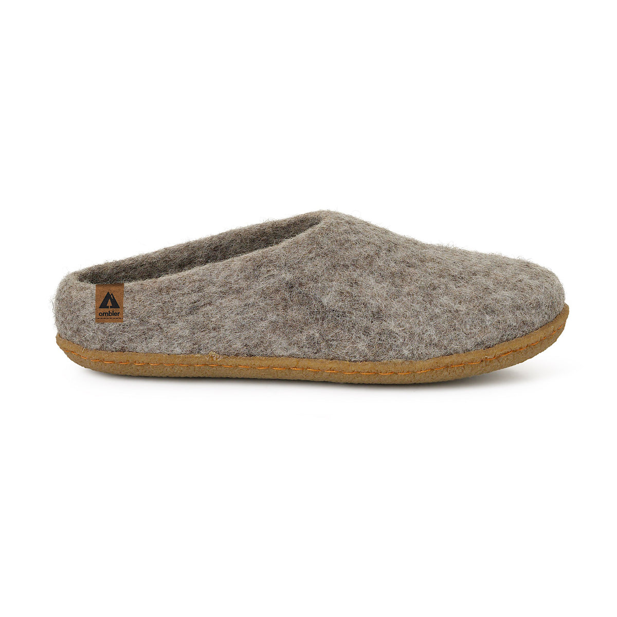 Ambler Halcyon wool slippers in heather grey with natural rubber sole for both indoor and outdoor use. 