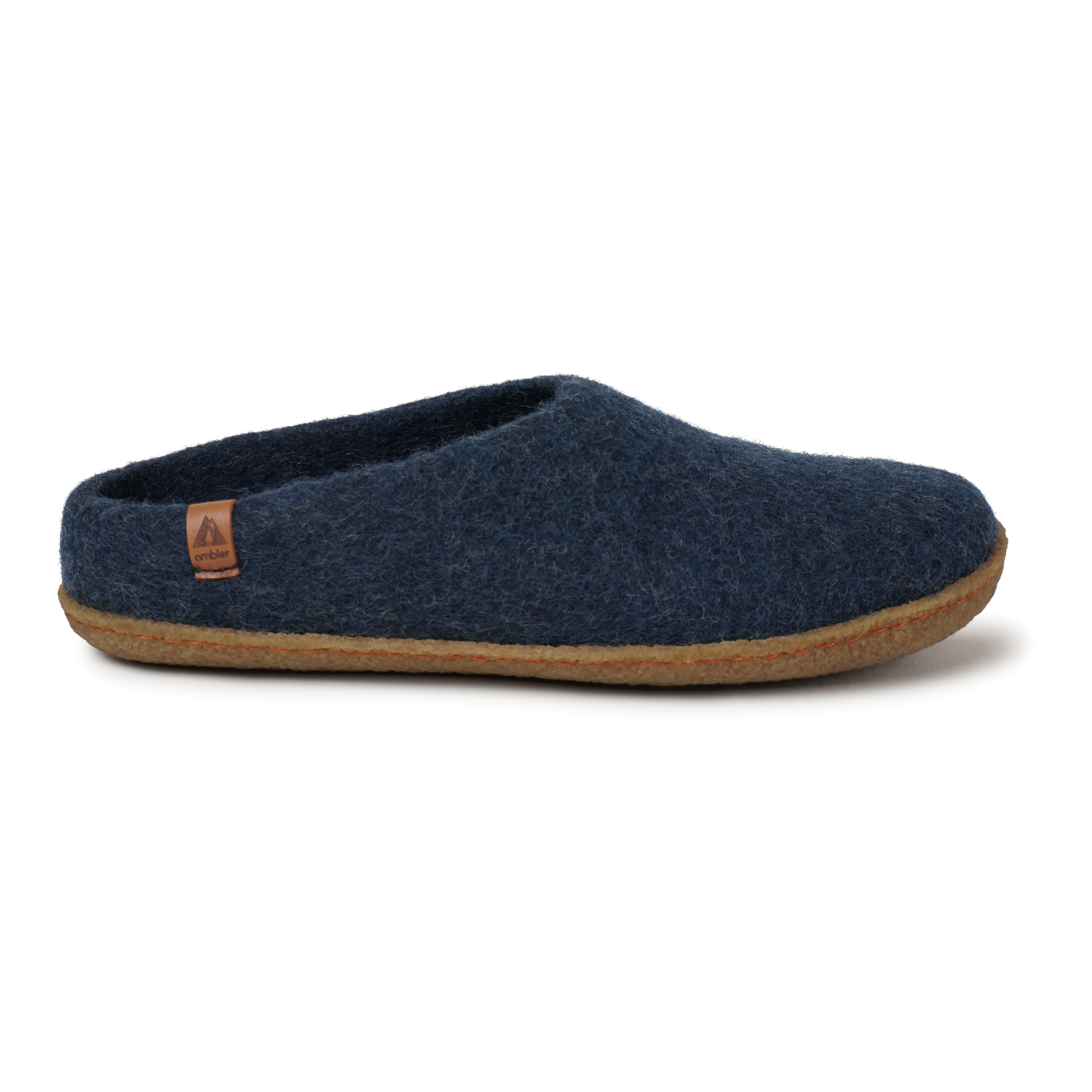 Ambler Halcyon wool slippers in navy blue with natural rubber sole for both indoor and outdoor use. 