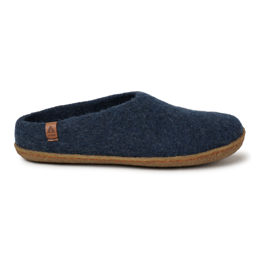 Ambler Halcyon wool slippers in navy blue with natural rubber sole for both indoor and outdoor use. 