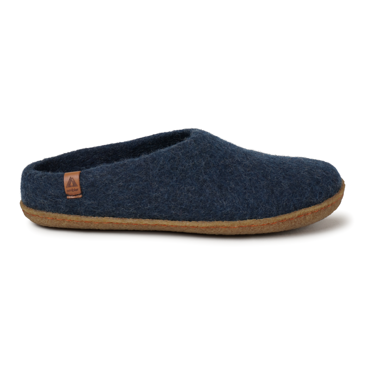 Ambler Halcyon wool slippers in navy blue with natural rubber sole for both indoor and outdoor use. 