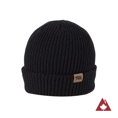 Made in Canada Ambler Hawken machine knit toque in black with faux leather bear clip. 