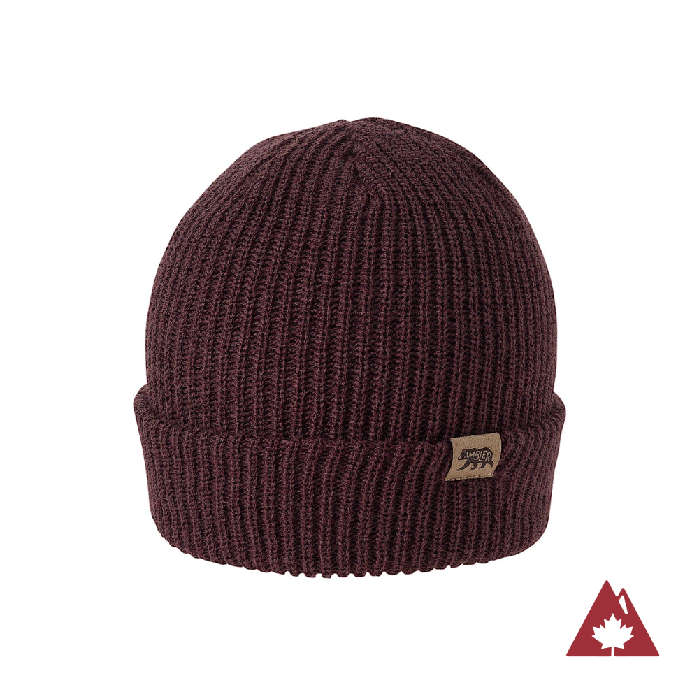 Made in Canada Ambler Hawken machine knit toque in blackberry with faux leather bear clip. 