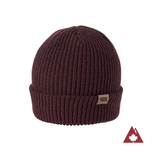 Made in Canada Ambler Hawken machine knit toque in blackberry with faux leather bear clip. 
