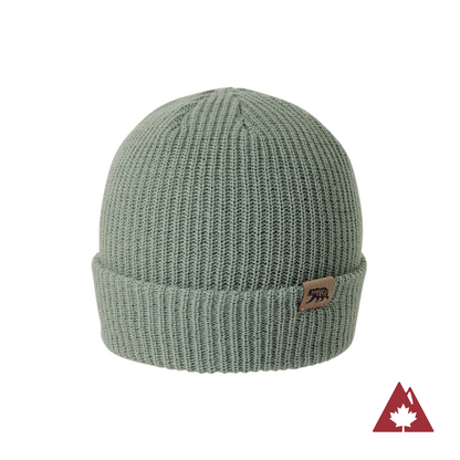 Made in Canada Ambler Hawken machine knit toque in willow with faux leather bear clip. 