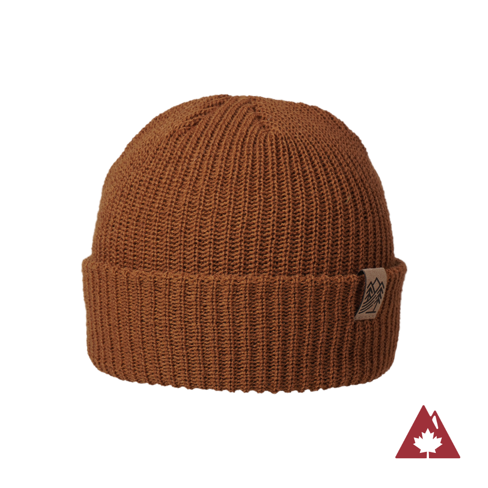 Made in Canada Ambler Hawken machine knit toque in chestnut with faux leather bear clip. 