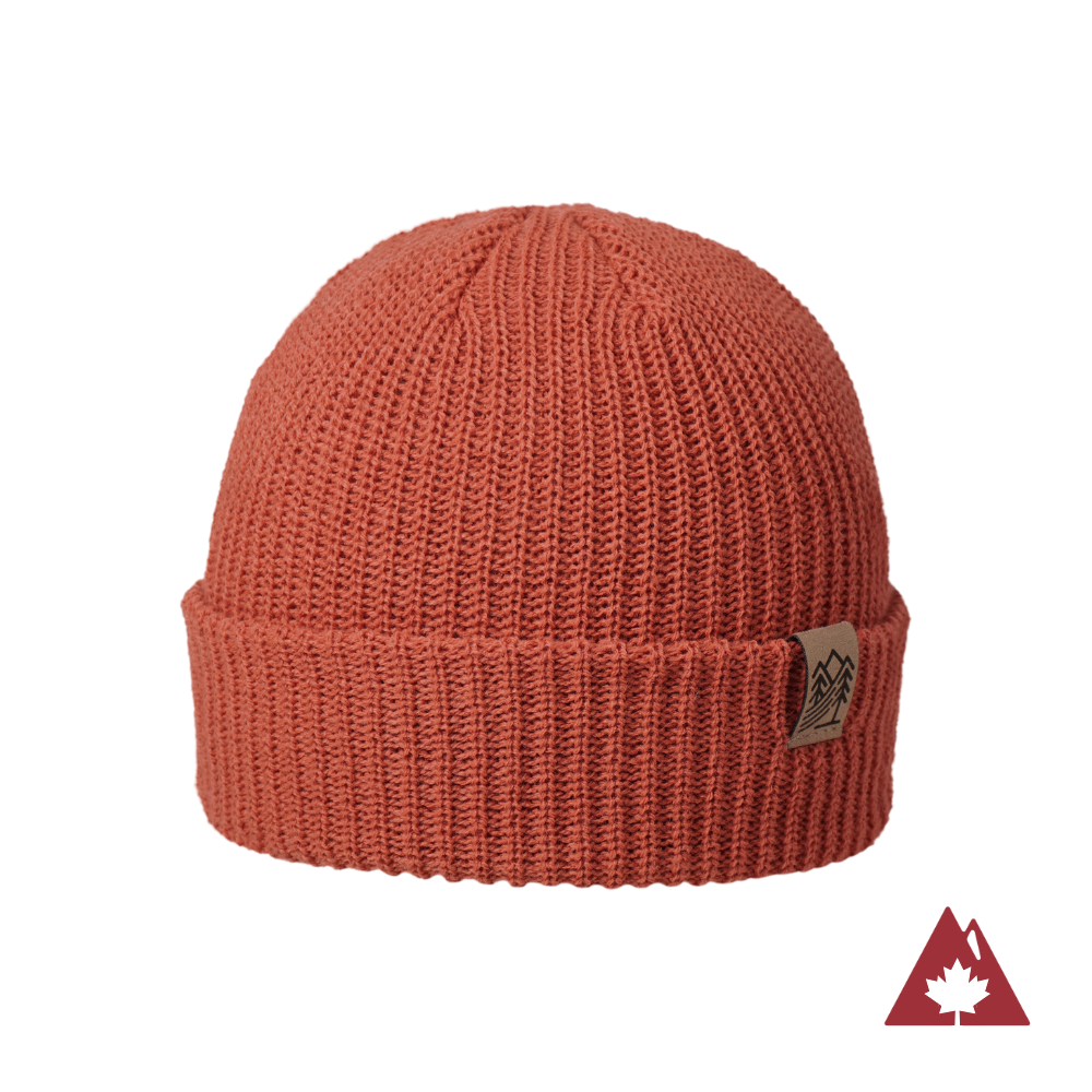 Made in Canada Ambler Hawken machine knit toque in terracotta with faux leather bear clip. 
