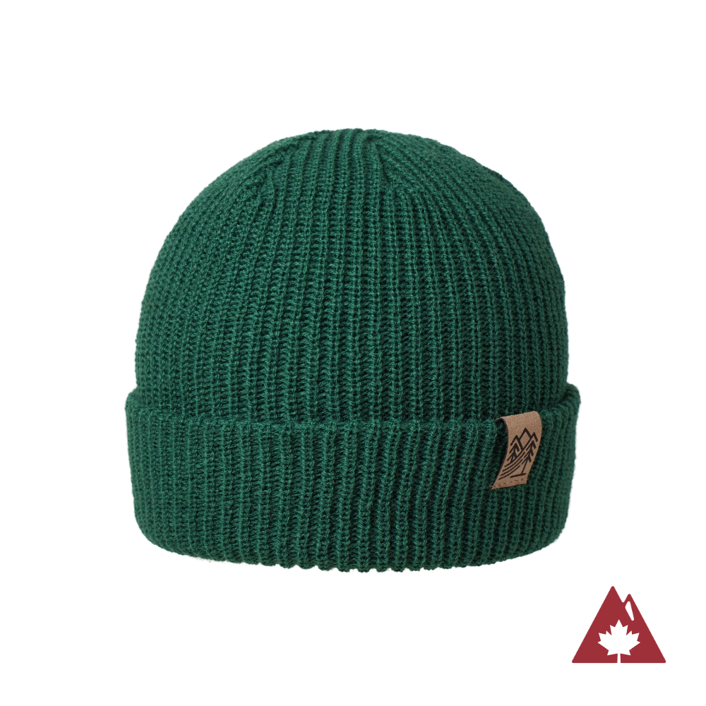 Made in Canada Ambler Hawken machine knit toque in verte with faux leather bear clip. 