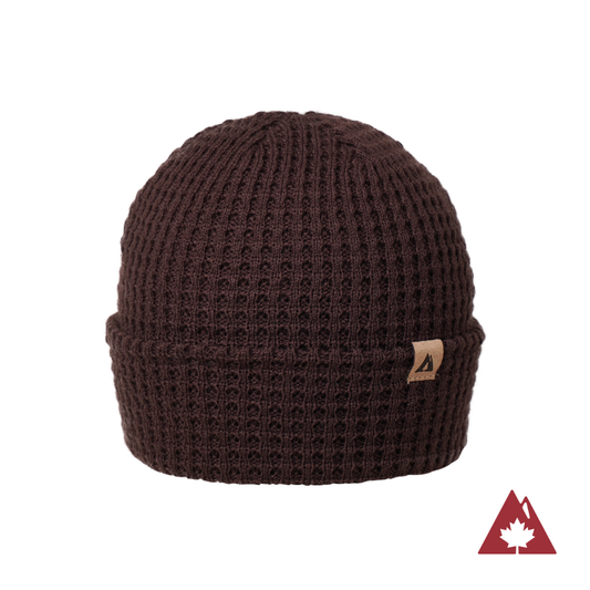 Made in Canada Ambler honeycomb machine knit toque in blackberry with faux leather brand clip. 