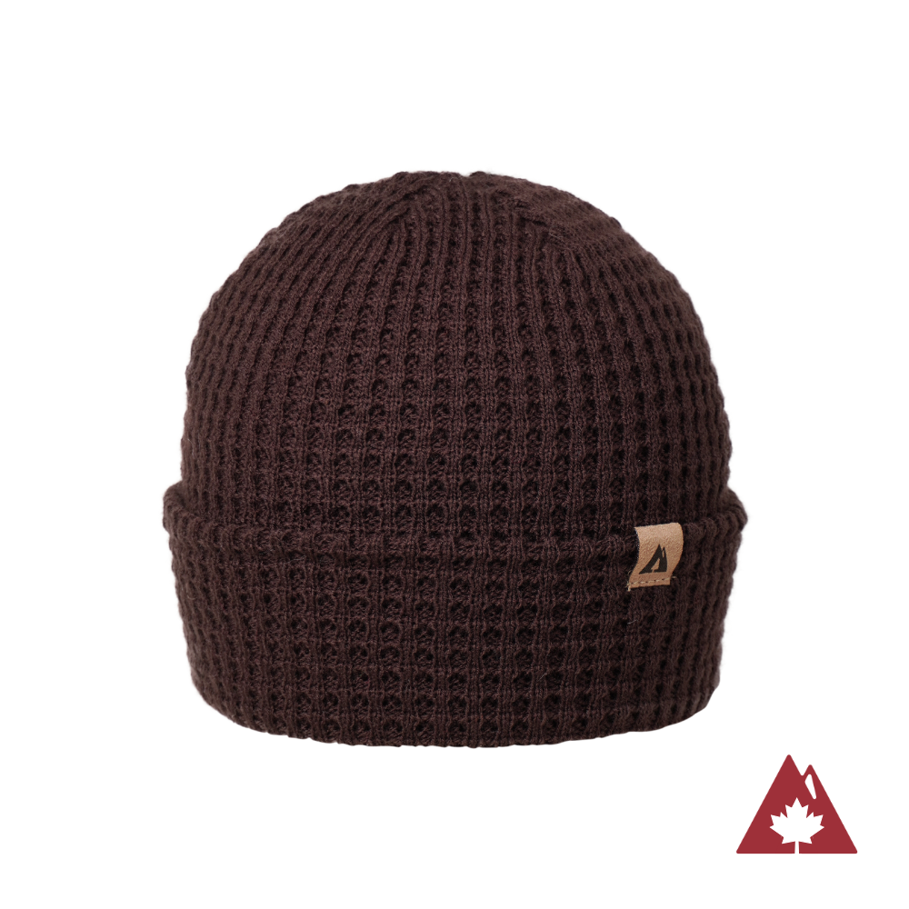 Made in Canada Ambler honeycomb machine knit toque in blackberry with faux leather brand clip. 