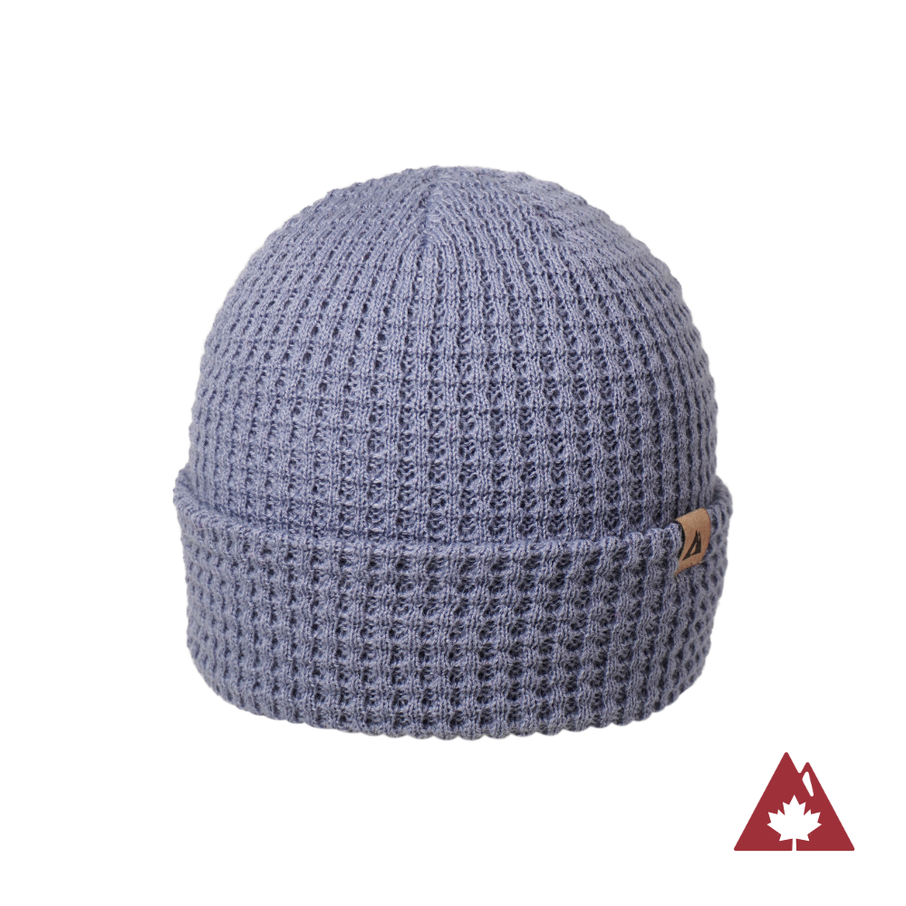 Made in Canada Ambler honeycomb machine knit toque in folkstone with faux leather brand clip. 