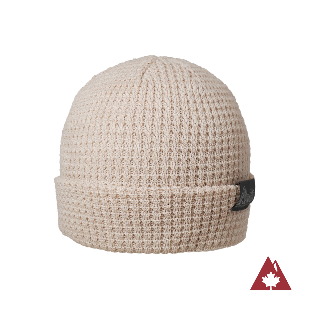 Made in Canada Ambler Joffre machine knit toque in beige. 
