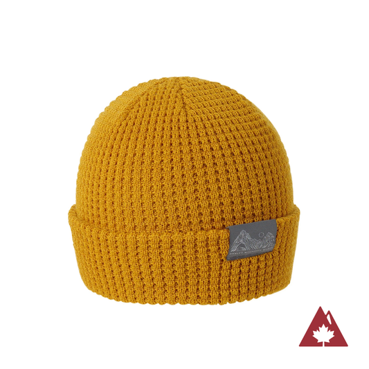 Made in Canada Ambler Joffre machine knit toque in bronze. 