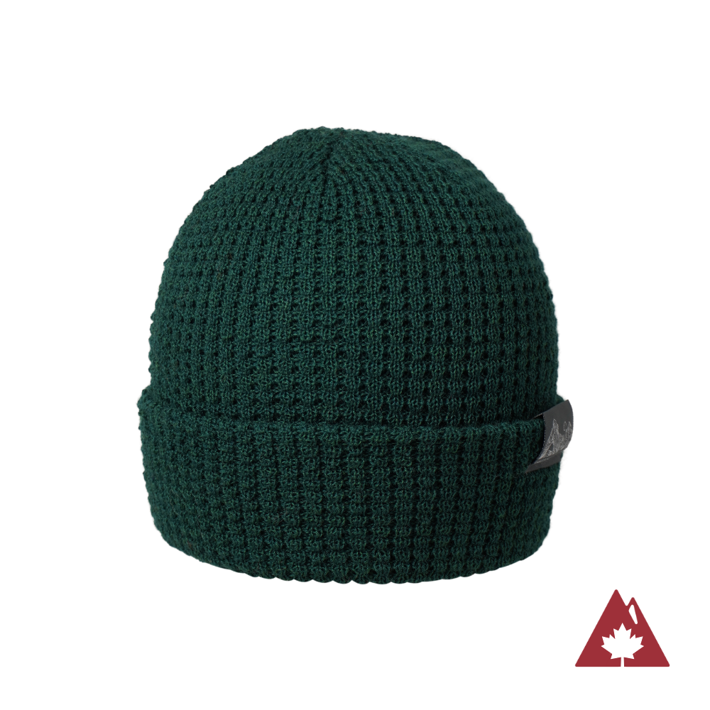 Made in Canada Ambler Joffre machine knit toque in forest. 