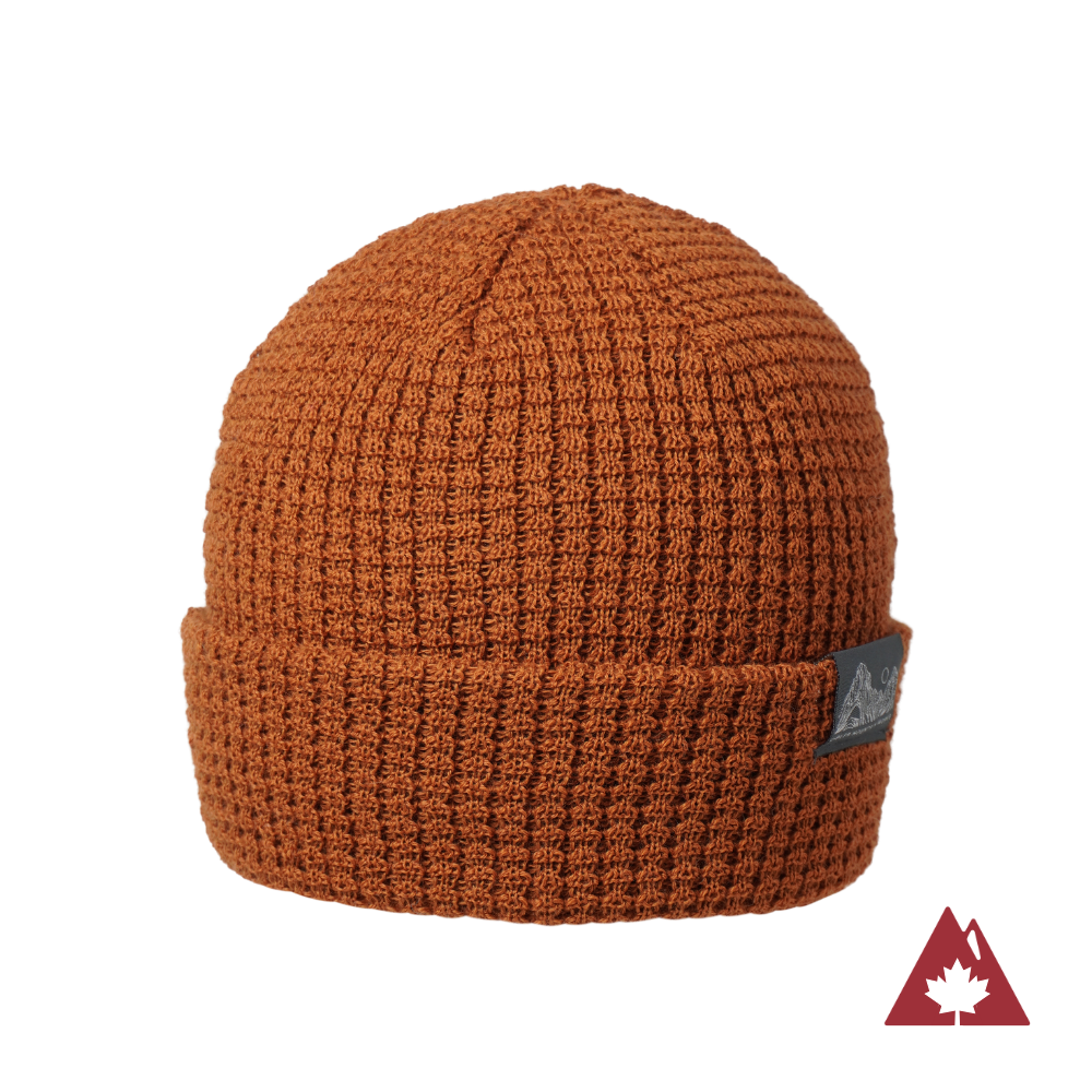 Made in Canada Ambler Joffre machine knit toque in hazelnut. 