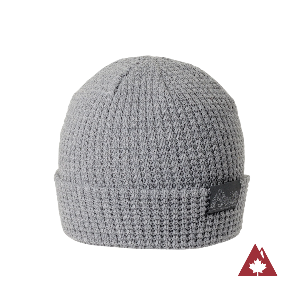 Made in Canada Ambler Joffre machine knit toque in heather silver. 