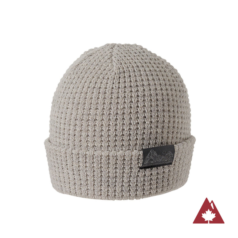 Made in Canada Ambler Joffre machine knit toque in heather stone. 