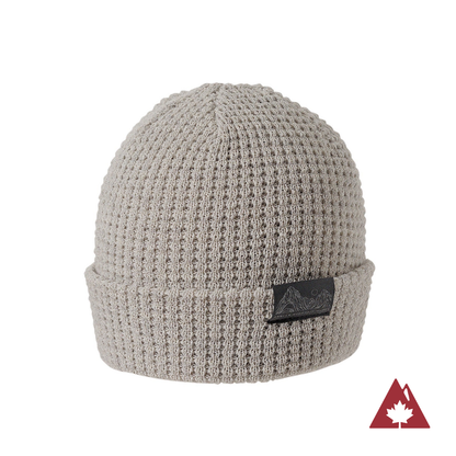 Made in Canada Ambler Joffre machine knit toque in heather stone. 