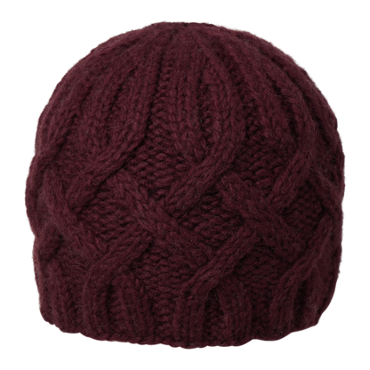 Ambler Kari handknit women's toque in deep red with cable knit design and ribbed cuff. 
