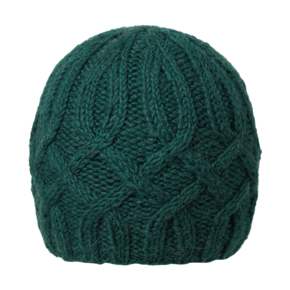 Ambler Kari handknit women's toque in forest with cable knit design and ribbed cuff. 