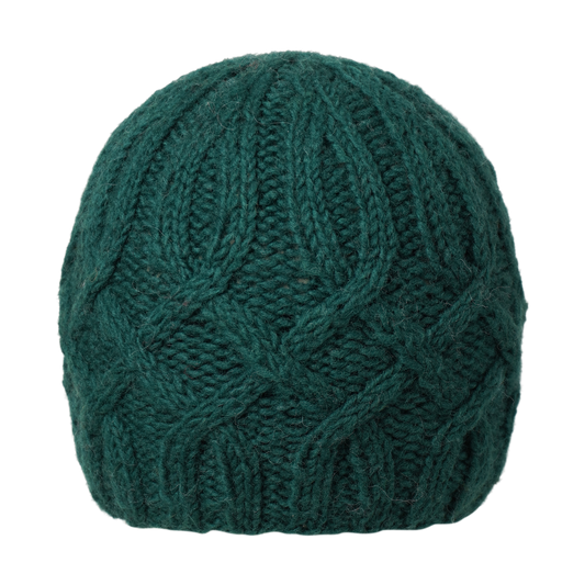 Ambler Kari handknit women's toque in forest with cable knit design and ribbed cuff. 
