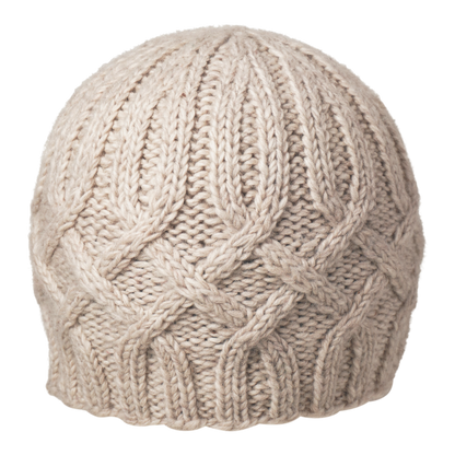 Ambler Kari handknit women's toque in heather stone with cable knit design and ribbed cuff. 