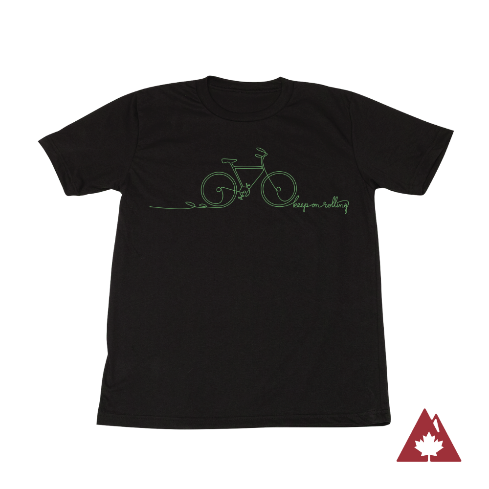 Black t-shirt with green bicycle graphic and text 'keep on rolling'.