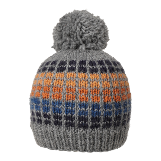 Ambler Kori handknit wool toque in heather grey with checkered design. 